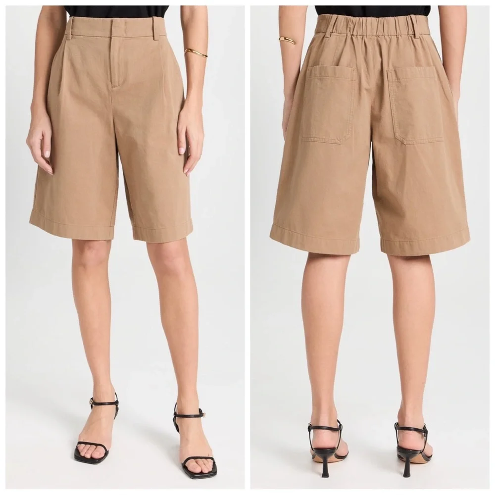 •VINCE• Washed‎ High Waisted Cotton Twill Shorts in Cocoon Khaki Beige Size 16
